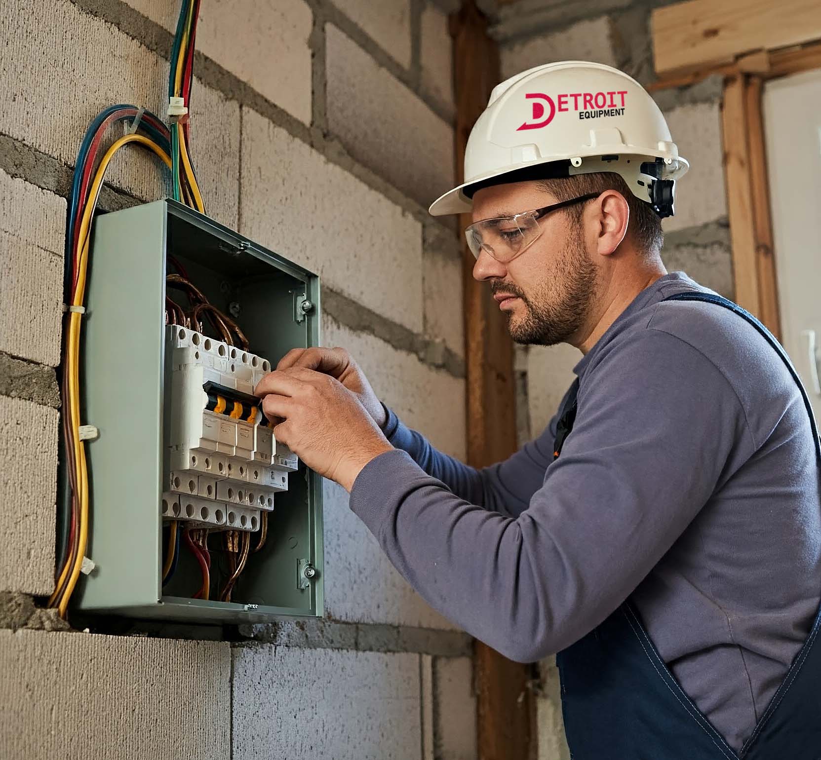 Commercial Electrician changing circuit breaker at service box