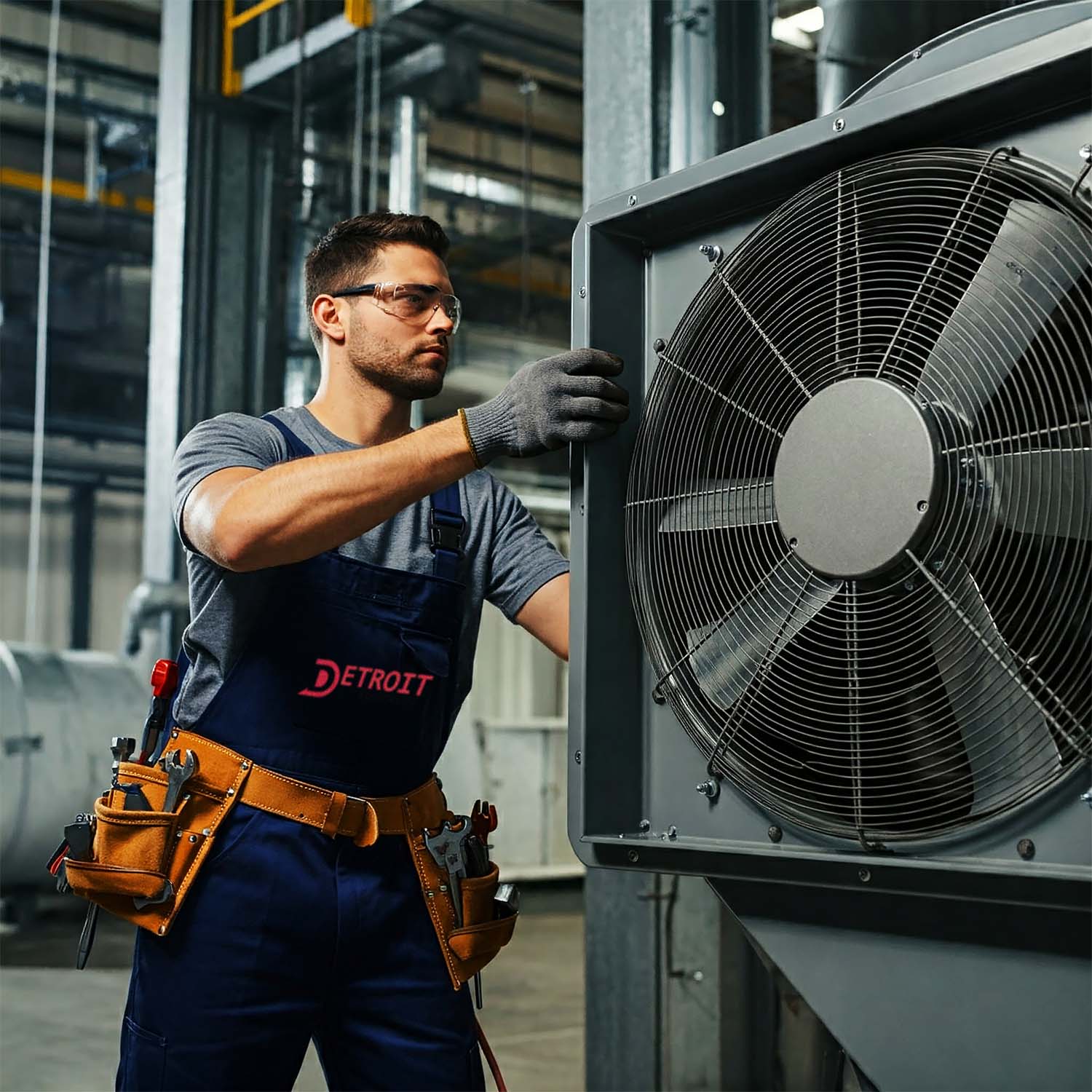 Commercial electrician replacing an industrial cooling fan